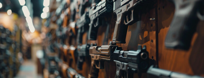 A wall of firearms as illustration for firearms parts manufacturing article