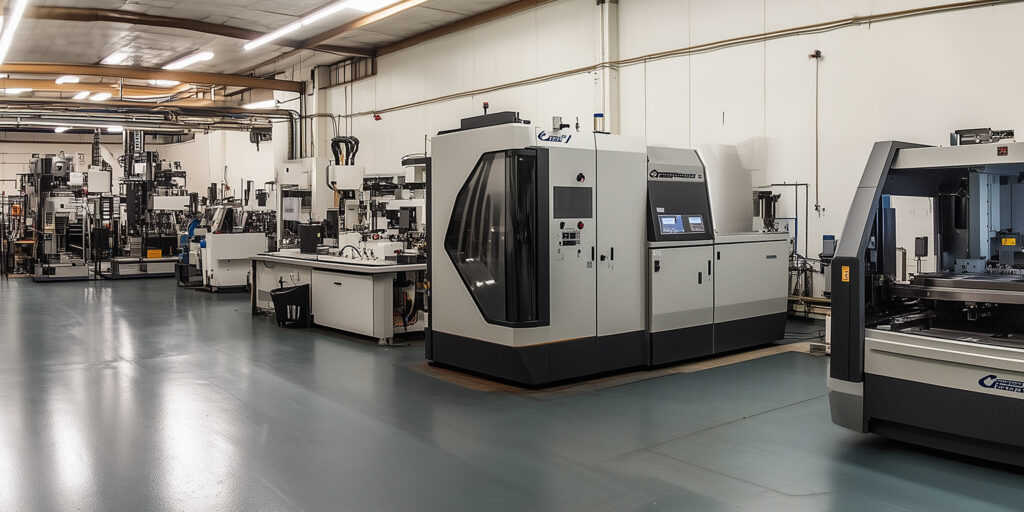 Machine shop image for choosing the right machine shop blog post. CNC Swiss Screw Machine in the foreground.