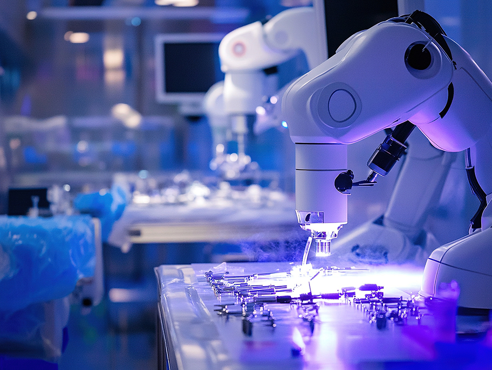 Medical device manufacturing scene, micro - welding robots creating medical equipment