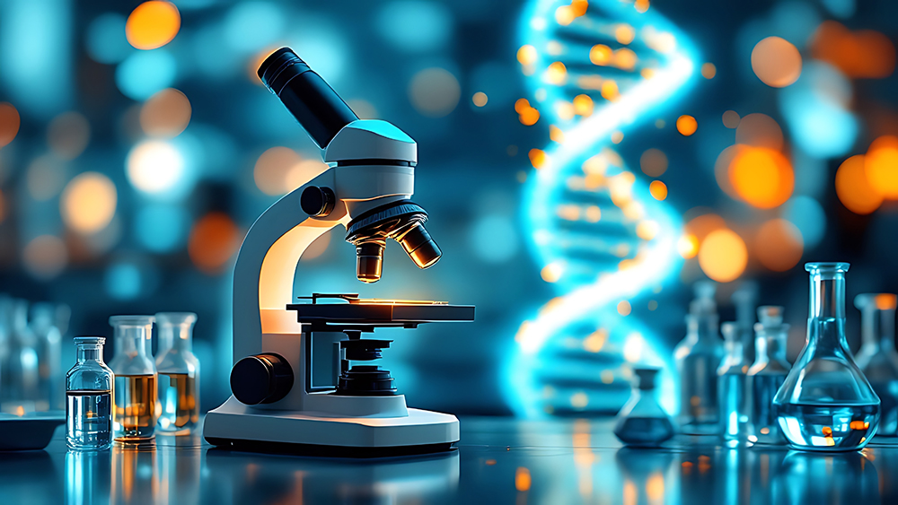 Close-up of a microscope on a background of laboratory equipment and macro image of DNA in an animated style. AI Image. The concept of innovative medical technology.