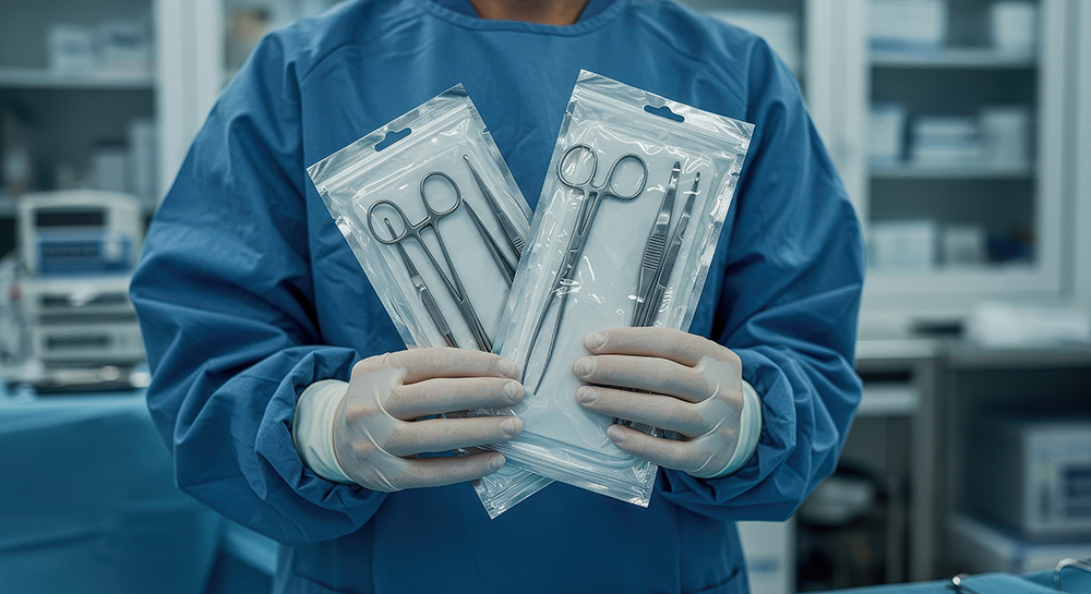 Sterile Surgical Instruments: Packaged Manufactured Medical Tools Ready for Procedure in Operating Room